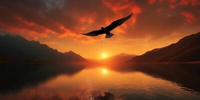 silueta de pájaro volador en puesta de sol antecedentes con río y montaña paisaje. generativo ai foto