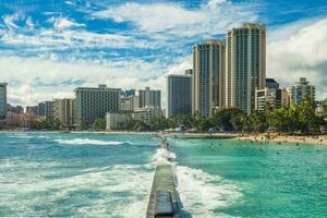 Skyline of Honolulu at Waikiki beach, Oahu island in Hawaii, US photo