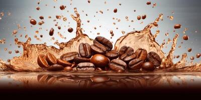 Coffee beans with water splash background. photo