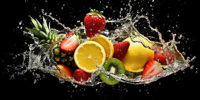 Various Fruit with Water Splash on Dark Background, Healthy fruits Rich in Vitamins. photo