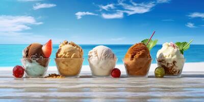 Freshy ice creams on tropical beach blue sky background. photo