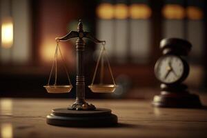 Scales of justice, Symbol of justice in the courtroom background. photo