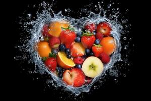 varios Fruta en el corazón forma con chapoteo agua, sano frutas Rico en vitaminas generativo ai foto