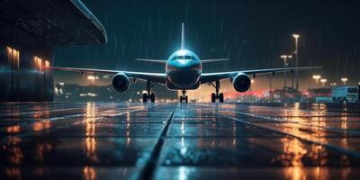 Plane on airport runway at night with cityscape glowing light background. photo