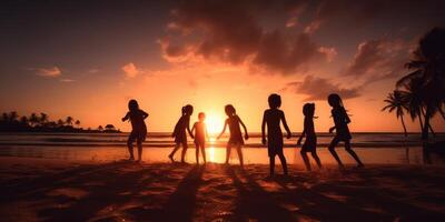 silueta grupo de niños jugando y teniendo divertido en el playa, verano puesta de sol antecedentes. generativo ai foto