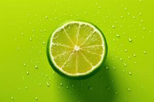 Fresh Slice Lime with Water Drop on Green Background. photo