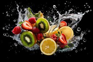 Various Fruit with Water Splash on Dark Background, Healthy fruits Rich in Vitamins. photo