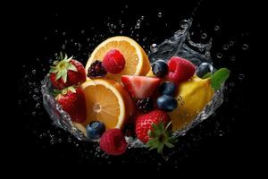 Fresh Fruits With Splash on Black Background. photo