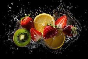 Fresh Fruits With Splash on Black Background. photo