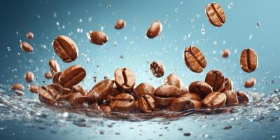 Coffee beans with water splash background. photo