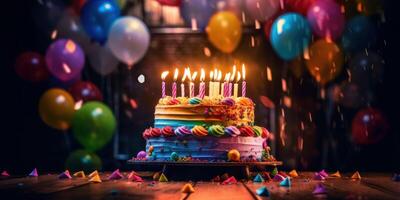 Happy birthday cake with candles, balloons and confetti background. photo