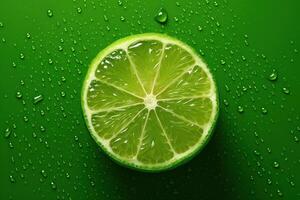 Fresh Slice Lime with Water Drop on Green Background. photo