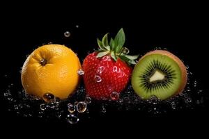 Various Fruit with Water Splash on Dark Background, Healthy fruits Rich in Vitamins. photo