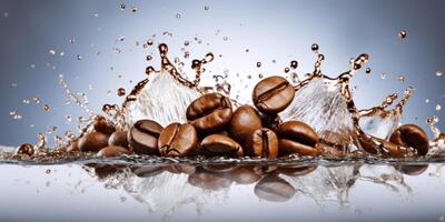 Coffee beans with water splash background. photo