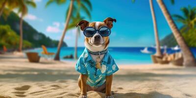 Dog Wearing Summer Shirt with Sunglasses on Tropical Beach. photo