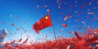 Celebrating China Flag with Confetti in Stadium for Sport Winning, National Event and Holiday Celebration. photo