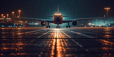 Plane on airport runway at night with cityscape glowing light background. photo