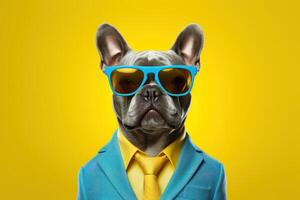 Dog wearing sunglasses isolated on yellow background. photo