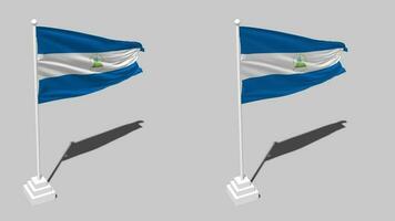 Nicaragua bandera sin costura serpenteado ondulación con polo base estar y sombra, aislado en alfa canal negro y blanco mate, llanura y bache textura paño variaciones, 3d representación video
