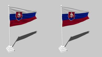 Eslovaquia bandera sin costura serpenteado ondulación con polo base estar y sombra, aislado en alfa canal negro y blanco mate, llanura y bache textura paño variaciones, 3d representación video