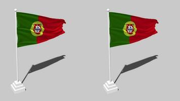 le Portugal drapeau sans couture en boucle agitant avec pôle base supporter et ombre, isolé sur alpha canal noir et blanc mat, plaine et bosse texture tissu variantes, 3d le rendu video