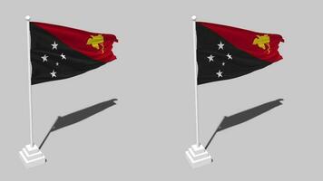 Papuasia nuevo Guinea bandera sin costura serpenteado ondulación con polo base estar y sombra, aislado en alfa canal negro y blanco mate, llanura y bache textura paño variaciones, 3d representación video