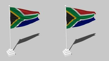 sul África bandeira desatado em loop acenando com pólo base ficar de pé e sombra, isolado em alfa canal Preto e branco fosco, avião e colisão textura pano variações, 3d Renderização video