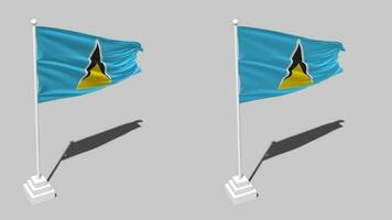 Saint lucia drapeau sans couture en boucle agitant avec pôle base supporter et ombre, isolé sur alpha canal noir et blanc mat, plaine et bosse texture tissu variantes, 3d le rendu video