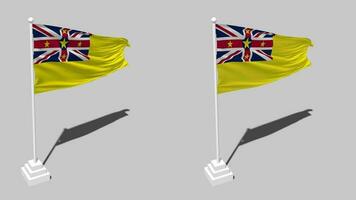 niue îles drapeau sans couture en boucle agitant avec pôle base supporter et ombre, isolé sur alpha canal noir et blanc mat, plaine et bosse texture tissu variantes, 3d le rendu video