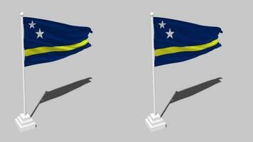 Curacao vlag naadloos lusvormige golvend met pool baseren staan en schaduw, geïsoleerd Aan alpha kanaal zwart en wit mat, duidelijk en buil structuur kleding variaties, 3d renderen video