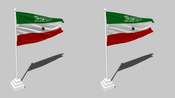 Somalilandia bandera sin costura serpenteado ondulación con polo base estar y sombra, aislado en alfa canal negro y blanco mate, llanura y bache textura paño variaciones, 3d representación video