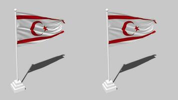 del Norte Chipre bandera sin costura serpenteado ondulación con polo base estar y sombra, aislado en alfa canal negro y blanco mate, llanura y bache textura paño variaciones, 3d representación video