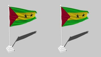 sao tome et principe drapeau sans couture en boucle agitant avec pôle base supporter et ombre, isolé sur alpha canal noir et blanc mat, plaine et bosse texture tissu variantes, 3d le rendu video