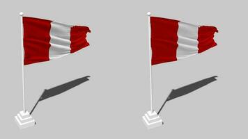 Perú bandera sin costura serpenteado ondulación con polo base estar y sombra, aislado en alfa canal negro y blanco mate, llanura y bache textura paño variaciones, 3d representación video