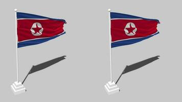 norte Corea bandera sin costura serpenteado ondulación con polo base estar y sombra, aislado en alfa canal negro y blanco mate, llanura y bache textura paño variaciones, 3d representación video