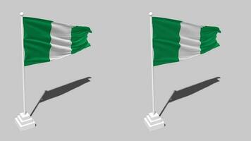 Nigeria bandera sin costura serpenteado ondulación con polo base estar y sombra, aislado en alfa canal negro y blanco mate, llanura y bache textura paño variaciones, 3d representación video