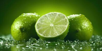 Fresh Slice Lime with Water Drop on Green Background. photo