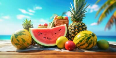 Freshy fruits watermelon and pineapple on tropical beach blue sky background. photo