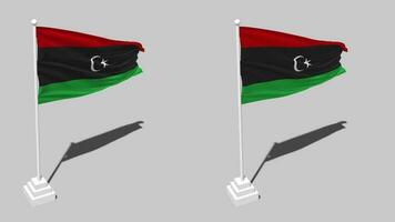 Libia bandera sin costura serpenteado ondulación con polo base estar y sombra, aislado en alfa canal negro y blanco mate, llanura y bache textura paño variaciones, 3d representación video
