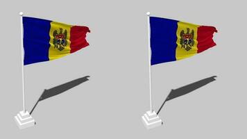 Moldavia bandera sin costura serpenteado ondulación con polo base estar y sombra, aislado en alfa canal negro y blanco mate, llanura y bache textura paño variaciones, 3d representación video