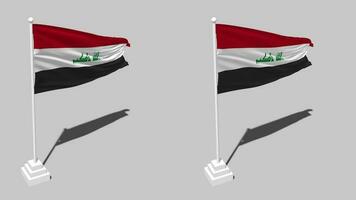 Iraq bandiera senza soluzione di continuità loop agitando con polo base In piedi e ombra, isolato su alfa canale nero e bianca Opaco, pianura e urto struttura stoffa variazioni, 3d interpretazione video