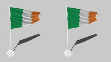 Irlanda bandeira desatado em loop acenando com pólo base ficar de pé e sombra, isolado em alfa canal Preto e branco fosco, avião e colisão textura pano variações, 3d Renderização video
