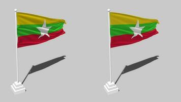 Myanmar, Burma Flag Seamless Looped Waving with Pole Base Stand and Shadow, Isolated on Alpha Channel Black and White Matte, Plain and Bump Texture Cloth Variations, 3D Rendering video