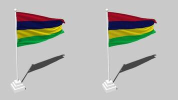 Maurícia bandeira desatado em loop acenando com pólo base ficar de pé e sombra, isolado em alfa canal Preto e branco fosco, avião e colisão textura pano variações, 3d Renderização video