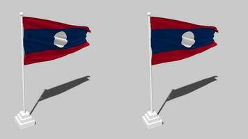 Laos drapeau sans couture en boucle agitant avec pôle base supporter et ombre, isolé sur alpha canal noir et blanc mat, plaine et bosse texture tissu variantes, 3d le rendu video