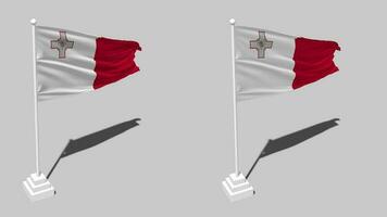 Malta bandeira desatado em loop acenando com pólo base ficar de pé e sombra, isolado em alfa canal Preto e branco fosco, avião e colisão textura pano variações, 3d Renderização video