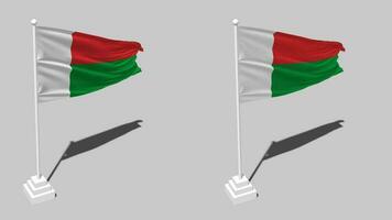 Madagascar bandera sin costura serpenteado ondulación con polo base estar y sombra, aislado en alfa canal negro y blanco mate, llanura y bache textura paño variaciones, 3d representación video