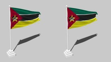 mozambico bandiera senza soluzione di continuità loop agitando con polo base In piedi e ombra, isolato su alfa canale nero e bianca Opaco, pianura e urto struttura stoffa variazioni, 3d interpretazione video