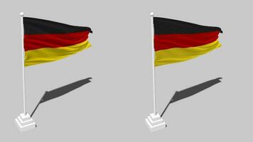 Alemania bandera sin costura serpenteado ondulación con polo base estar y sombra, aislado en alfa canal negro y blanco mate, llanura y bache textura paño variaciones, 3d representación video