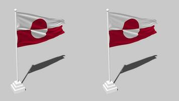 Greenland Flag Seamless Looped Waving with Pole Base Stand and Shadow, Isolated on Alpha Channel Black and White Matte, Plain and Bump Texture Cloth Variations, 3D Rendering video